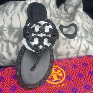 Tory Burch Black Miller Sandals with Iconic Medallion